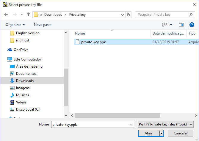 Localizando o arquivo da chave privada